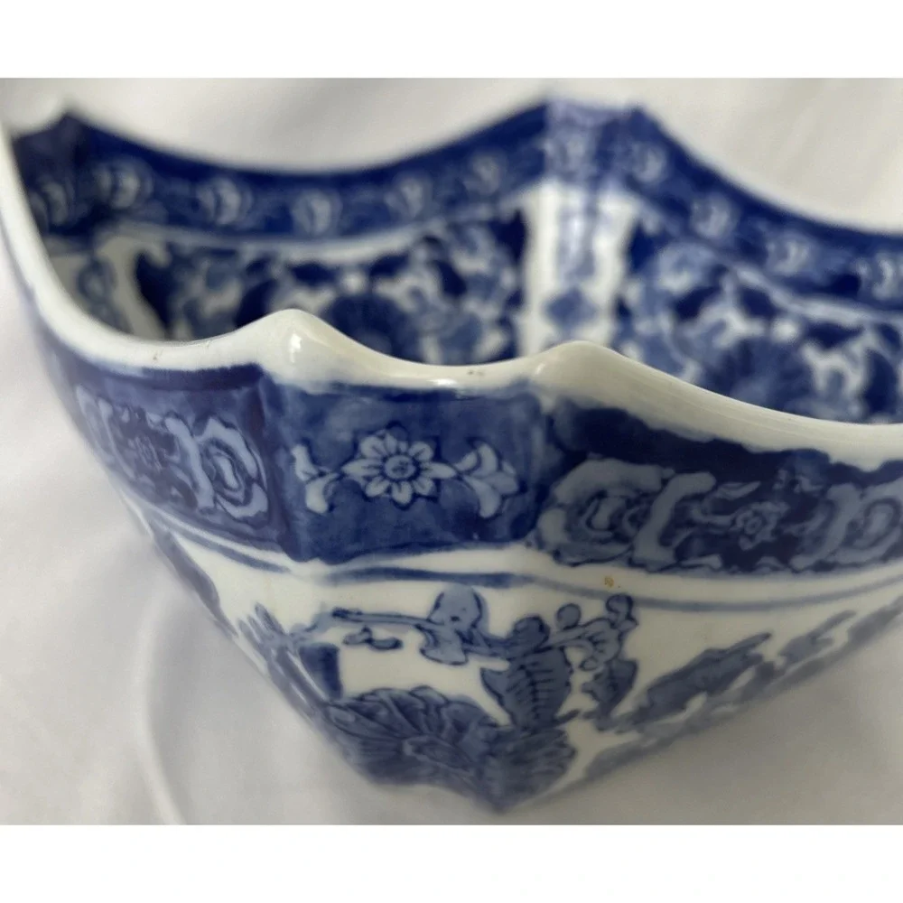 Chinese White and Blue SQUARE BOWL with Split Corners Large 8 3/4 Inch Heavy